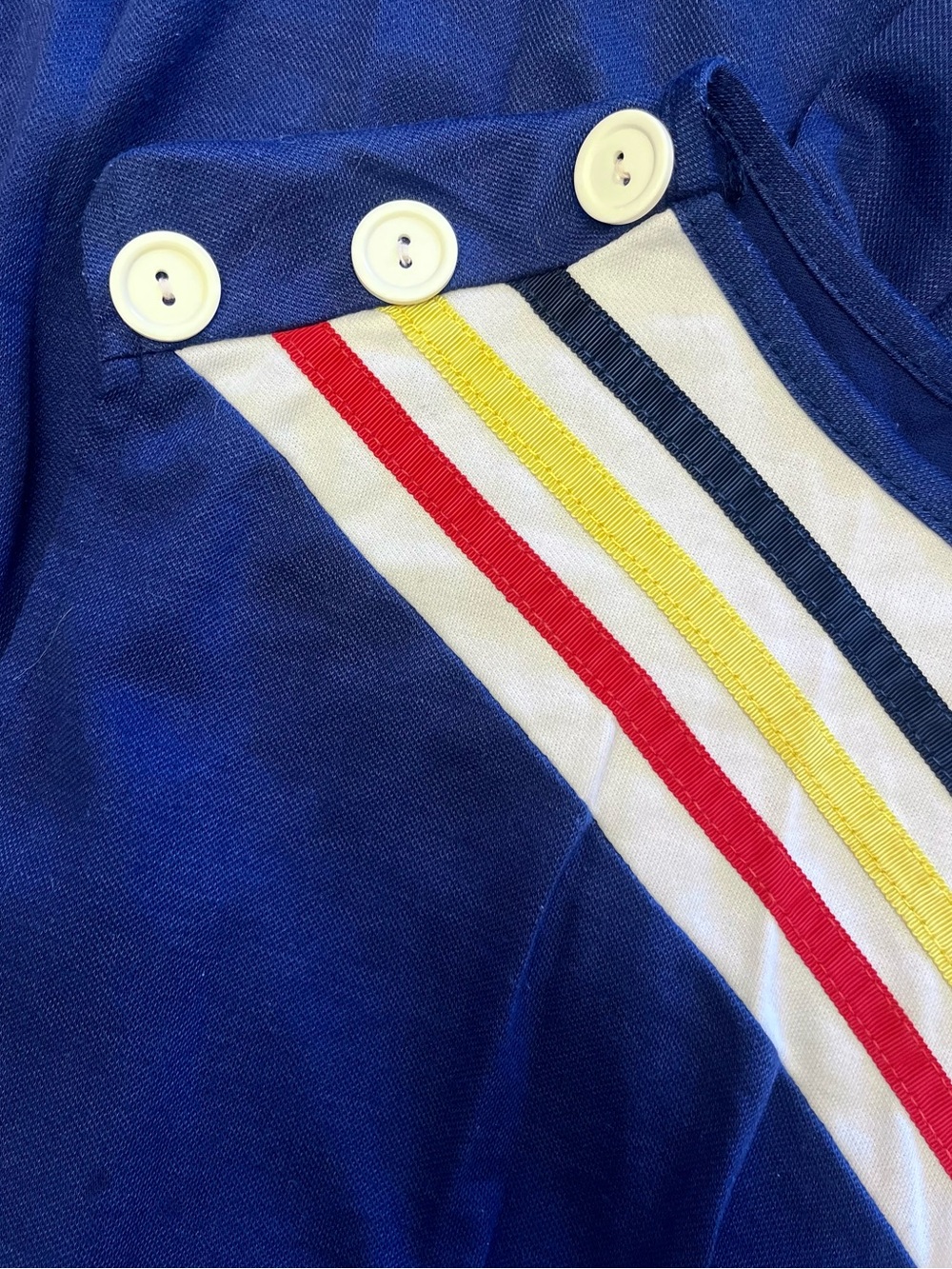 1970s 1980s Vintage Red White Blue Black Yellow Striped Dress w/ Buttons - Picture 3 of 8
